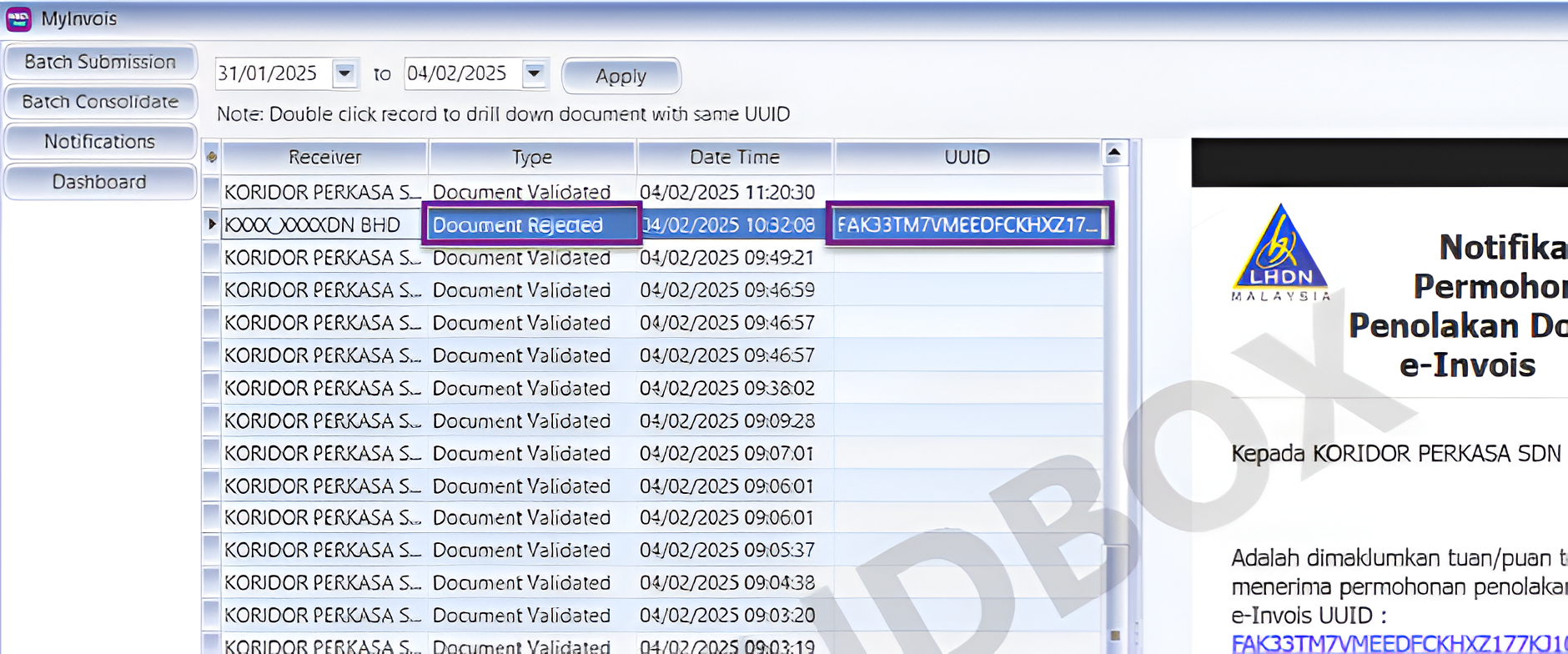 E-Invoice Notifications Features - View UUID for Rejected E-Invoice